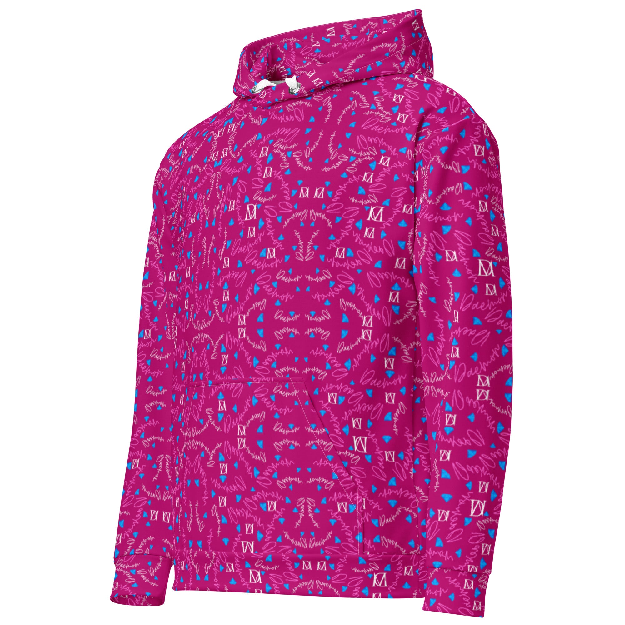 Unisex white cotton hoodie featuring all-over Picasso Mirrors Little Magenta print by Daemon Luxury, front view with hood.