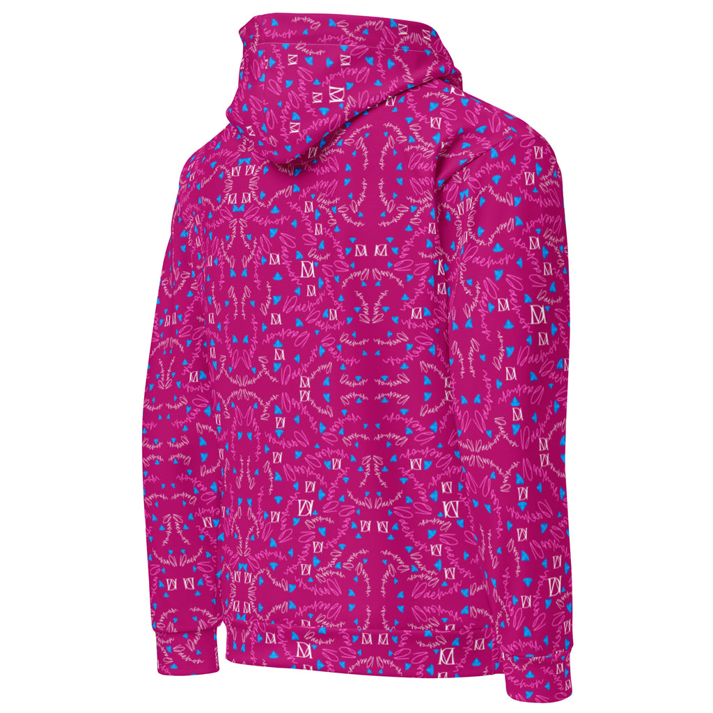 Unisex white cotton hoodie with all-over Picasso Mirrors Little Magenta print by Daemon Luxury, shown from the right back view.