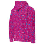 Unisex white cotton hoodie with all-over Picasso Mirrors Little Magenta print by Daemon Luxury, shown from the right back view.