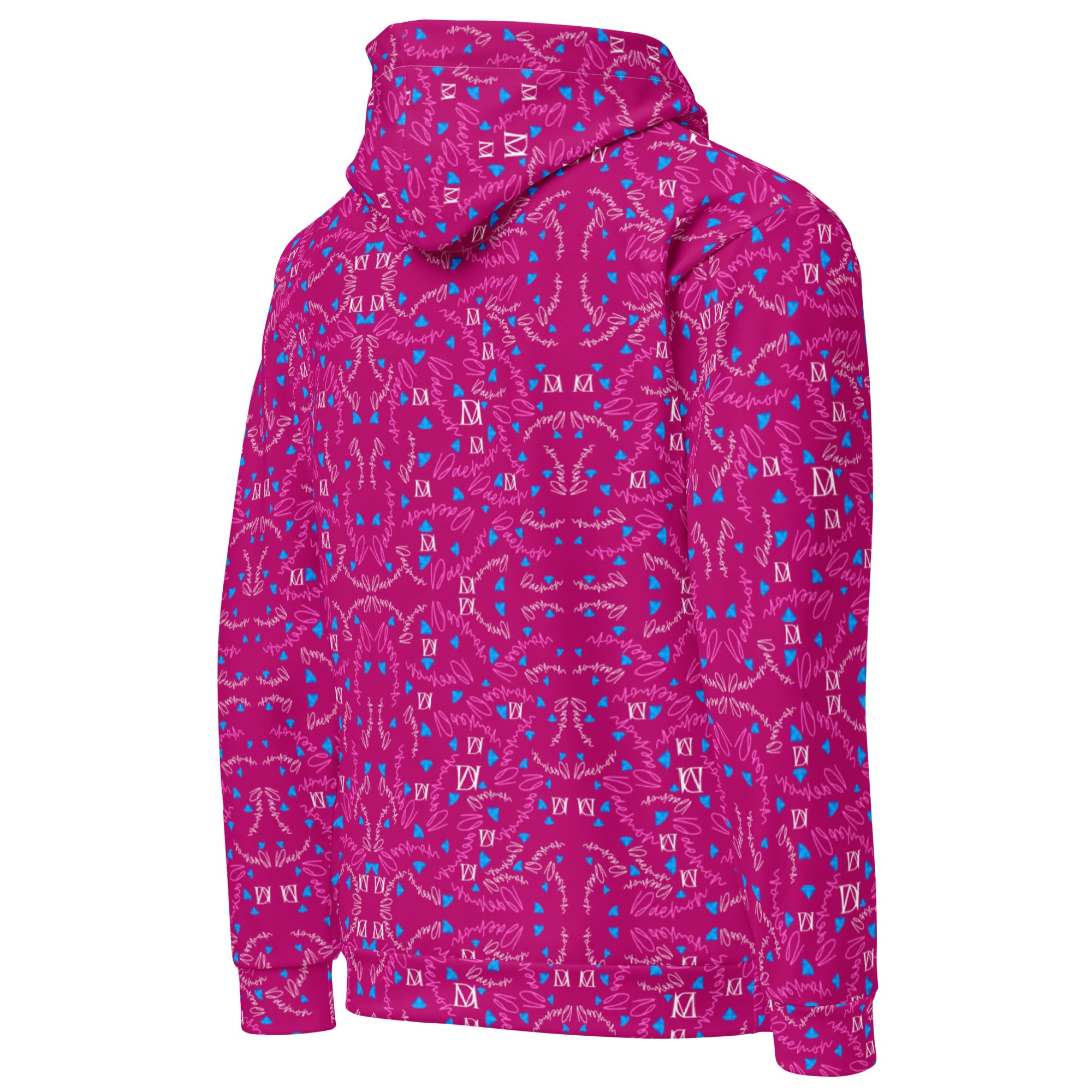 Unisex white cotton hoodie with all-over Picasso Mirrors Little Magenta print by Daemon Luxury, shown from the right back view.