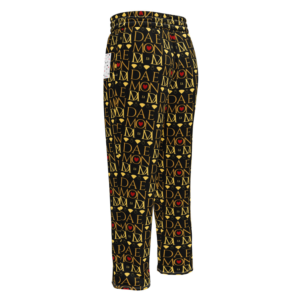 Unisex white wide-leg joggers with all-over Sun Glow California print by Daemon Luxury, back view showing relaxed fit.