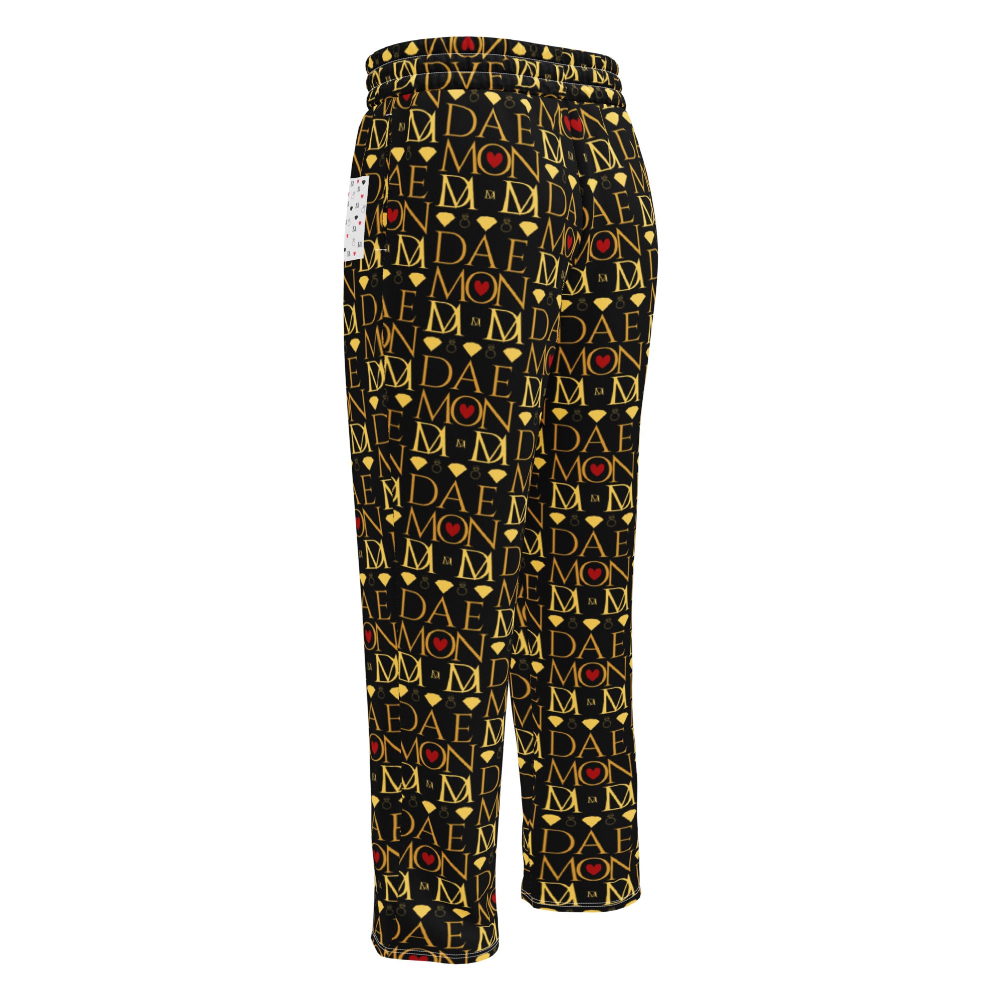 Unisex white wide-leg joggers with all-over Sun Glow California print by Daemon Luxury, back view showing relaxed fit.