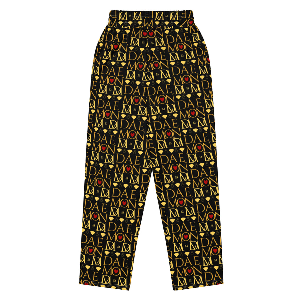 All-over print white unisex wide-leg joggers featuring Sun Glow California and Daemon Luxury branding, back view.