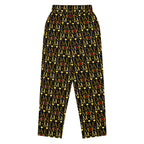 All-over print white unisex wide-leg joggers featuring Sun Glow California and Daemon Luxury branding, back view.