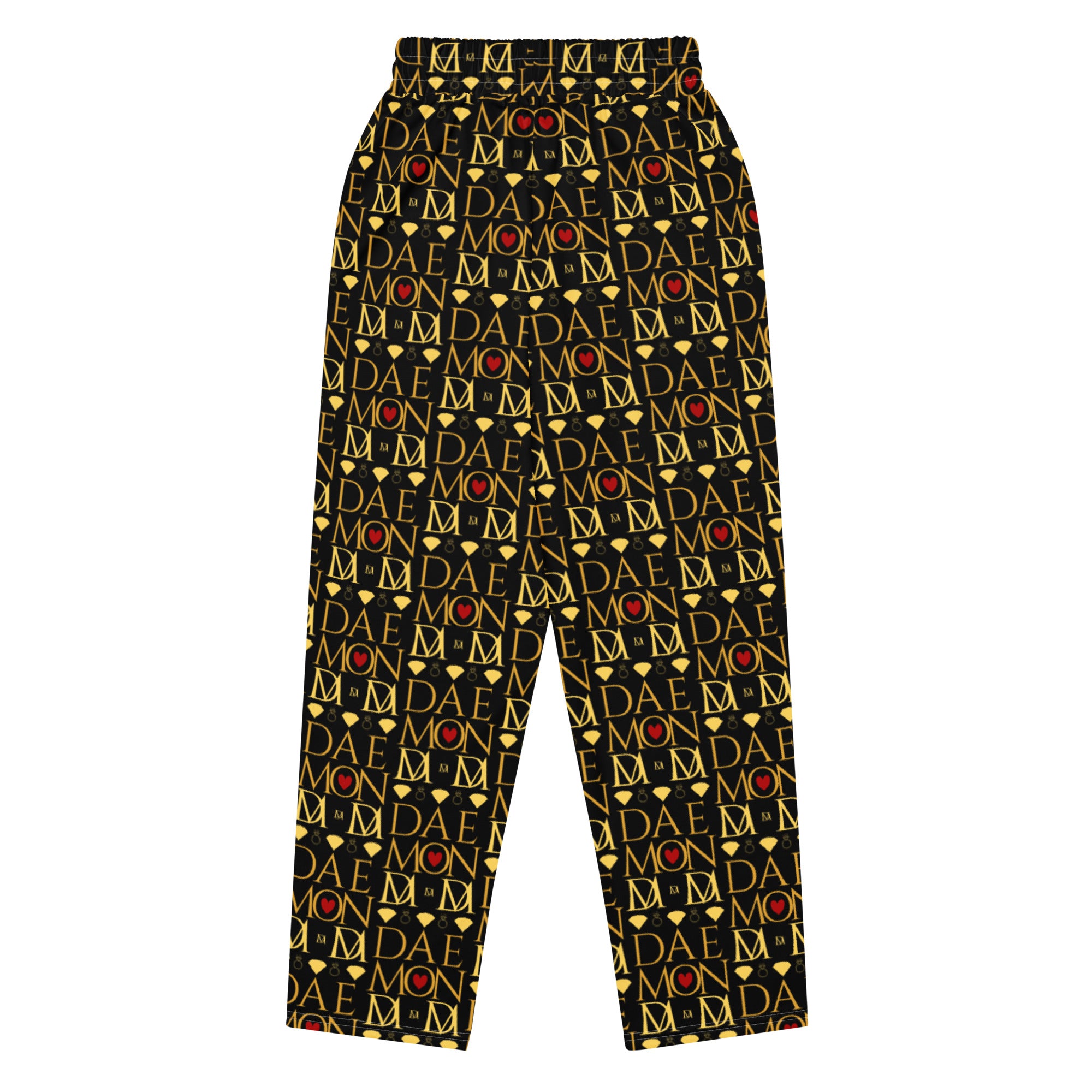 All-over print white unisex wide-leg joggers featuring Sun Glow California and Daemon Luxury branding, back view.