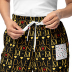 All-over print white unisex wide-leg joggers with Sun Glow California design by Daemon Luxury, front view.