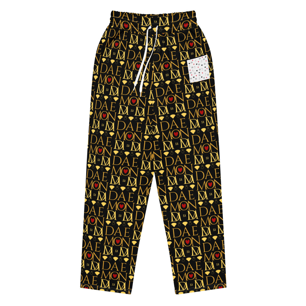Unisex wide-leg joggers with all-over Sun Glow California print by Daemon Luxury, white color, front view.