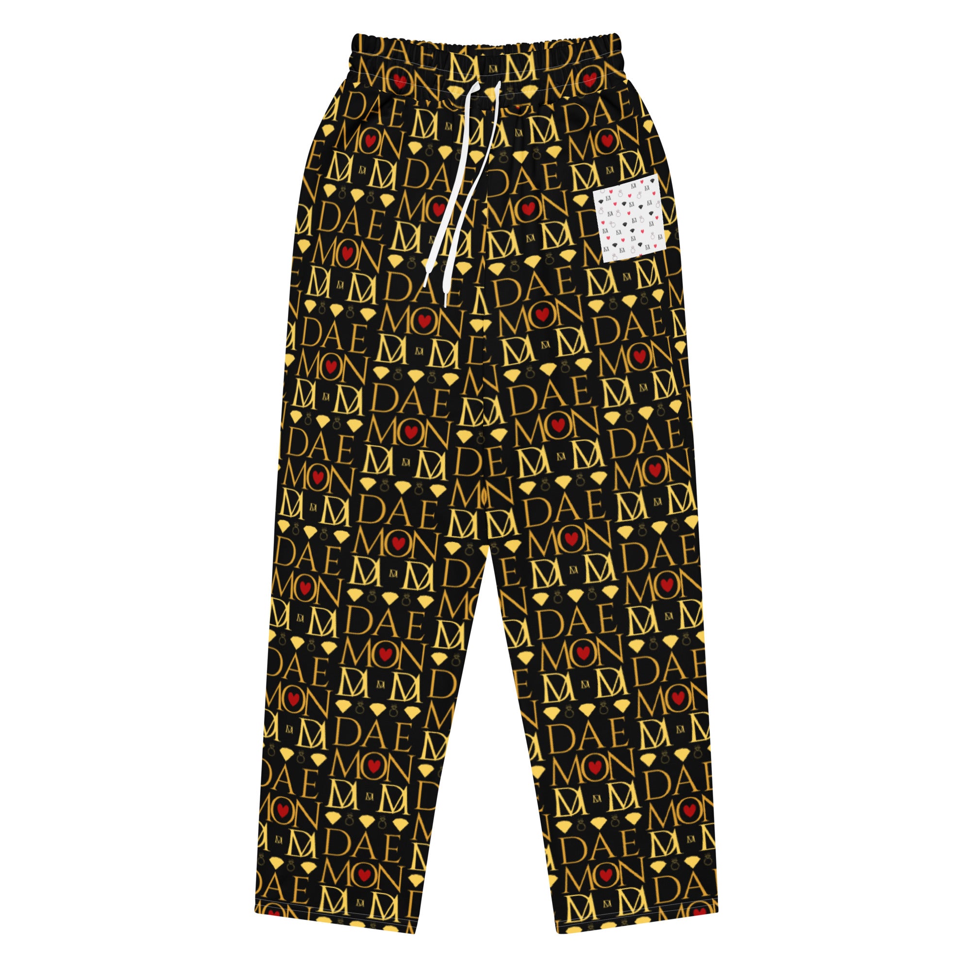 Unisex wide-leg joggers with all-over Sun Glow California print by Daemon Luxury, white color, front view.