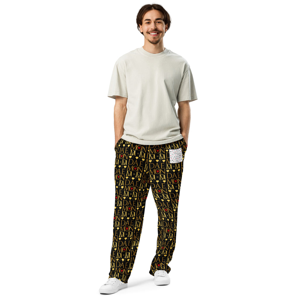 Unisex wide-leg joggers with Sun Glow California all-over print from Daemon Luxury, white front view.