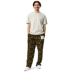 Unisex wide-leg joggers with Sun Glow California all-over print from Daemon Luxury, white front view.