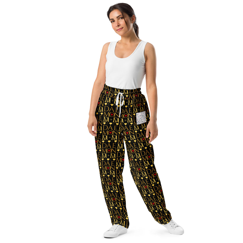 All-over print white unisex wide-leg joggers from Sun Glow California by Daemon Luxury, featuring a stylish front view.