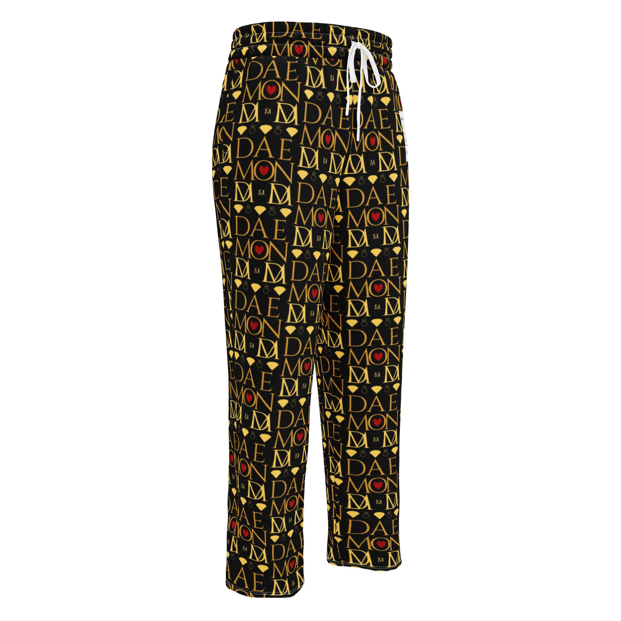 Unisex white wide-leg joggers with Sun Glow California all-over print from Daemon Luxury, front view.