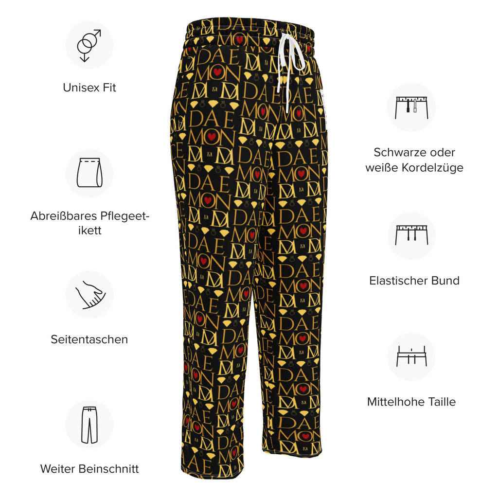 Unisex wide-leg joggers with all-over Sun Glow California print by Daemon Luxury, white fabric and relaxed fit.