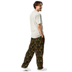 Unisex wide-leg joggers with all-over Sun Glow California print by Daemon Luxury, shown from the right back in white fabric.