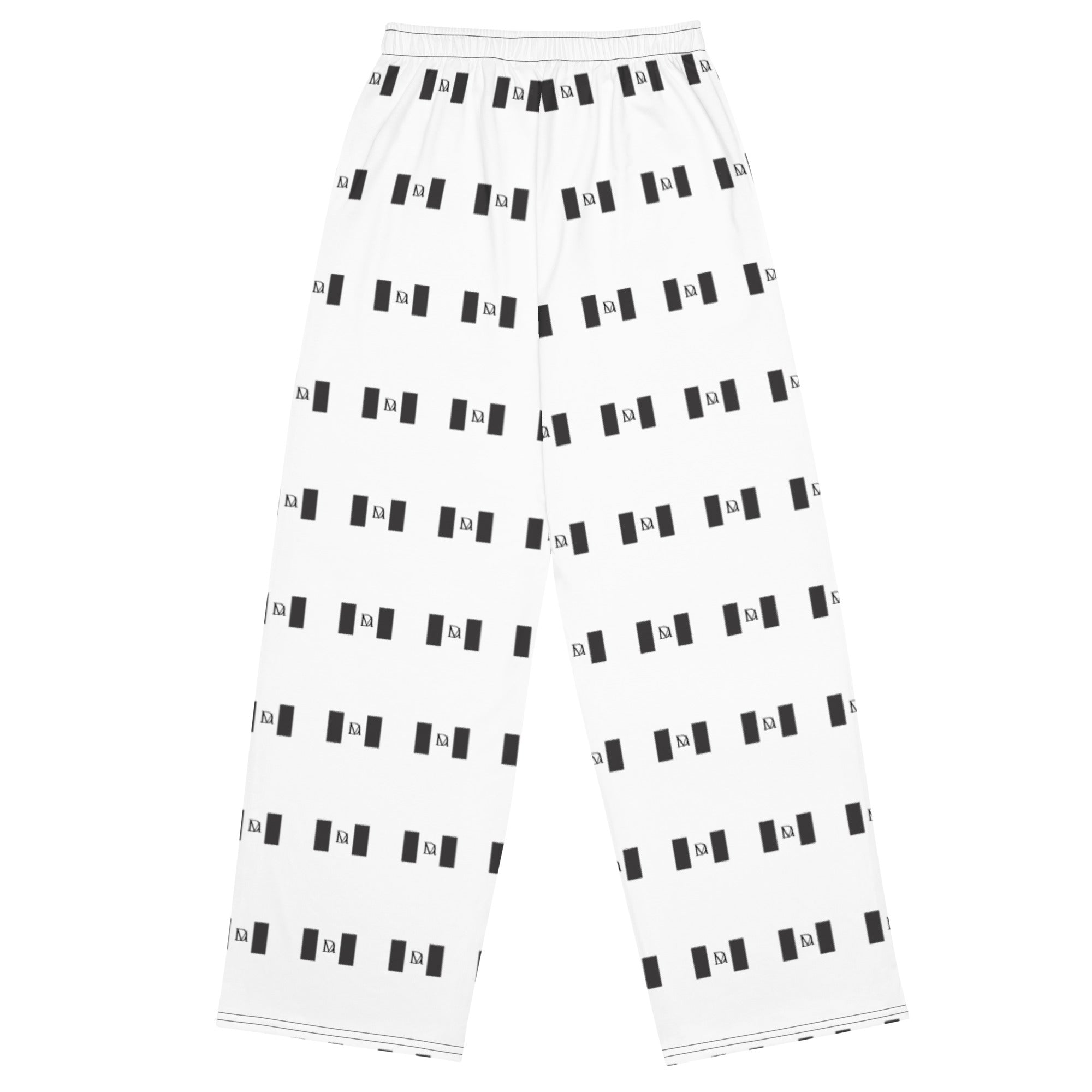 Daemon EMBLEM Relay Lounge unisex wide-leg pants with all-over white print and relaxed fit, shown from the back.