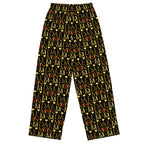 Unisex white wide-leg pants with all-over Sun Glow California print from Daemon Luxury, casual lounge style.