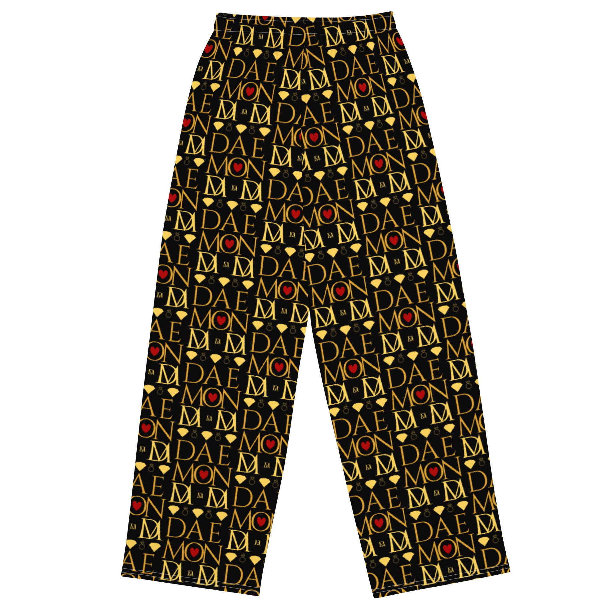 Unisex white wide-leg pants with all-over Sun Glow California print from Daemon Luxury, casual lounge style.