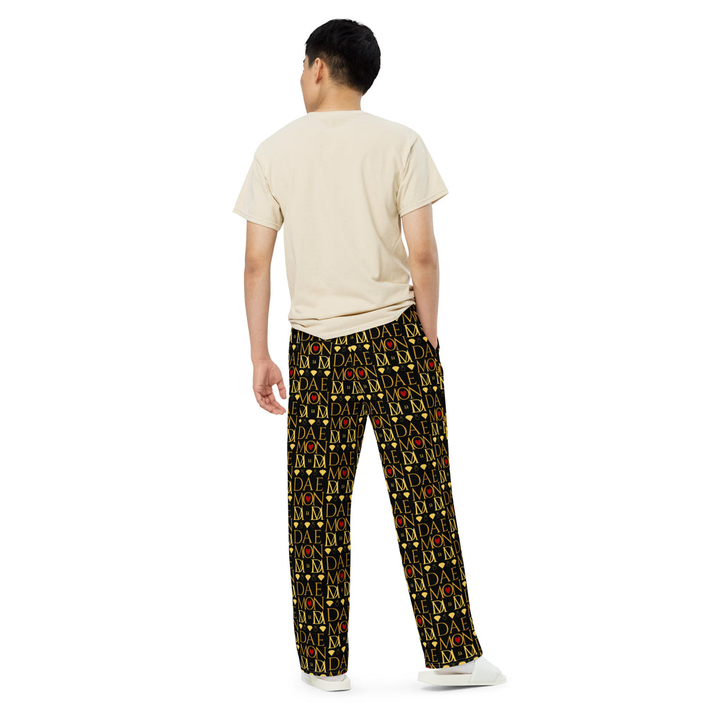 Daemon Luxury Sun Glow California unisex wide-leg lounge pants with all-over white print, stylish and comfortable relaxed fit.