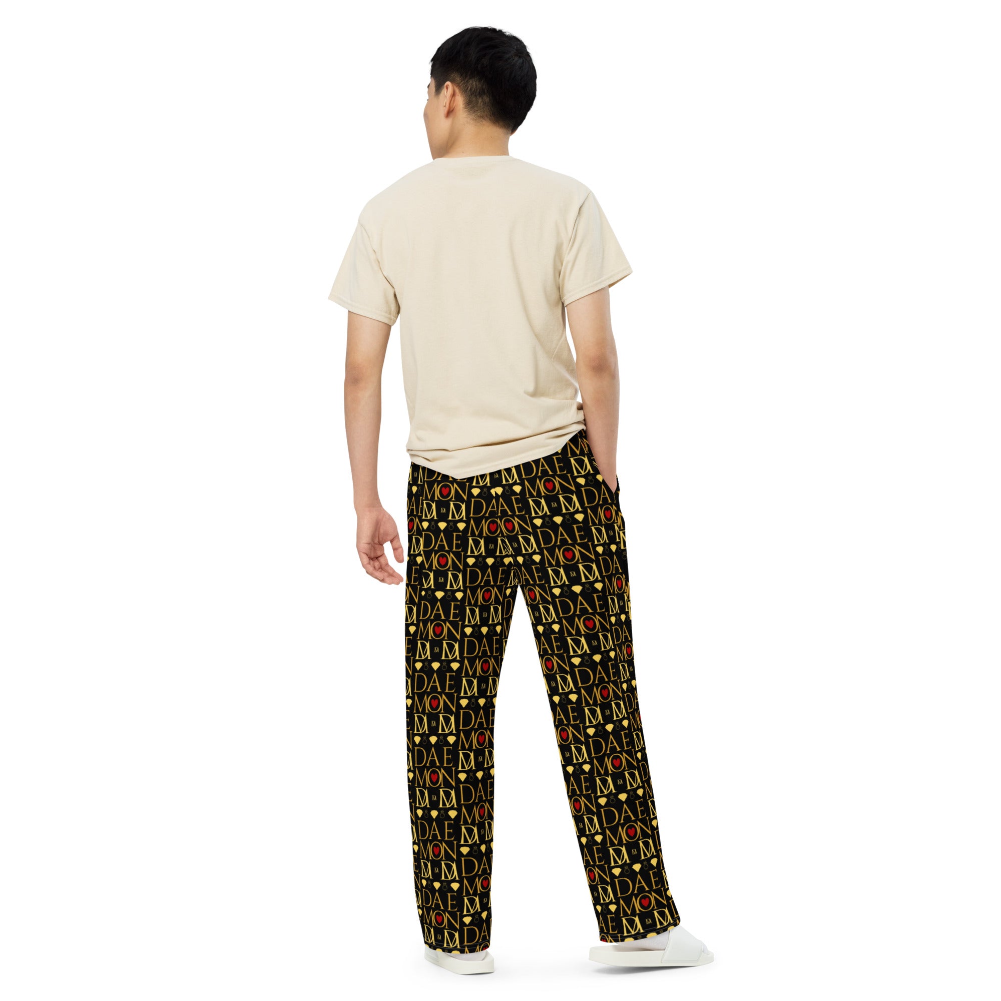 Daemon Luxury Sun Glow California unisex wide-leg lounge pants with all-over white print, stylish and comfortable relaxed fit.