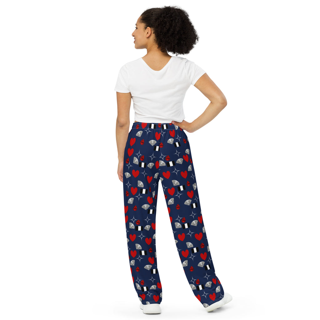 Unisex wide-leg pants from Daemon Luxury's Foreigners Luv collection, all-over white print, casual comfortable fit.