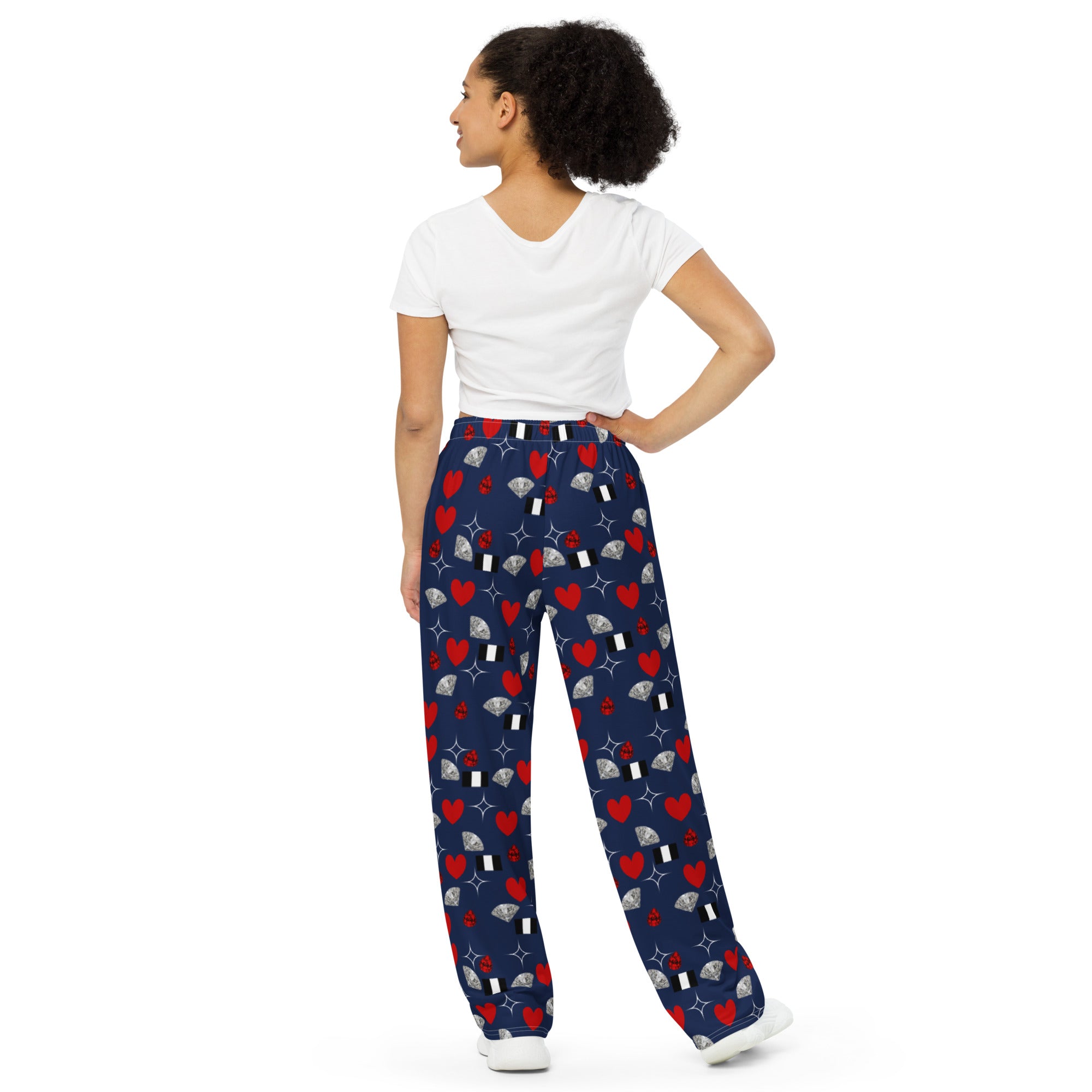 Unisex wide-leg pants from Daemon Luxury's Foreigners Luv collection, all-over white print, casual comfortable fit.