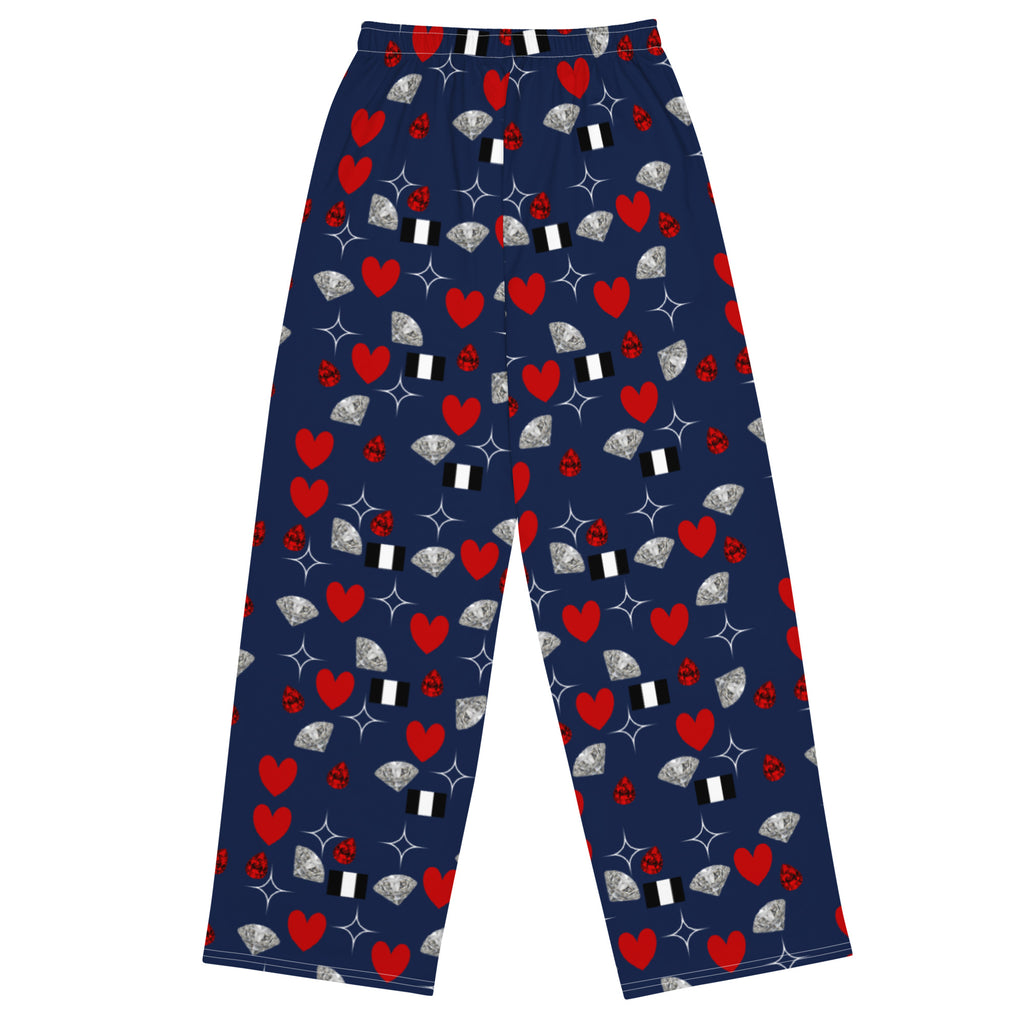 Unisex wide-leg pants by Daemon Luxury from the Foreigners Luv collection with all-over white print design.