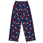 Unisex wide-leg pants by Daemon Luxury from the Foreigners Luv collection with all-over white print design.