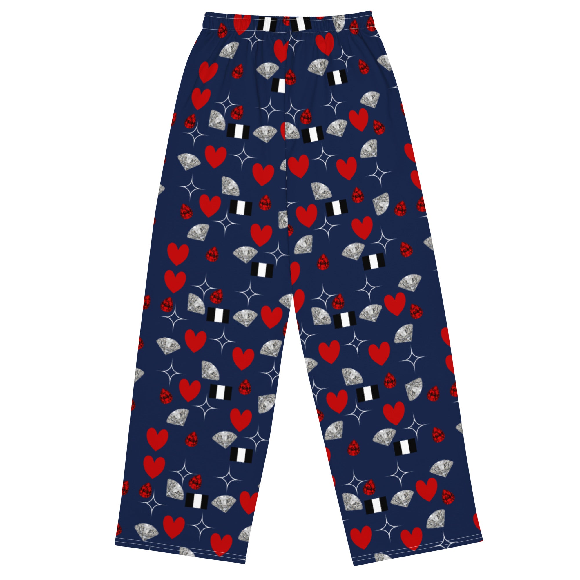Unisex wide-leg pants by Daemon Luxury from the Foreigners Luv collection with all-over white print design.