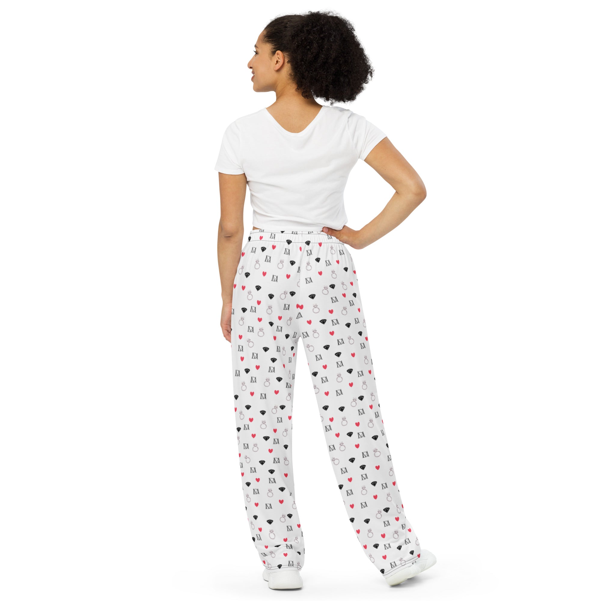 Daemon Luxury Speckled Diamonds Artica Blizzard unisex wide-leg sala pants with all-over white diamond print.