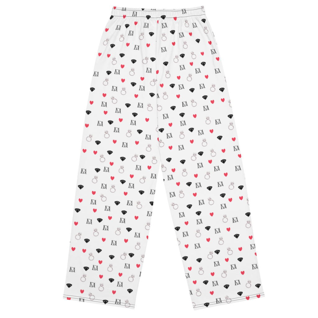 Unisex wide-leg pants with speckled diamond pattern in white, from Daemon Luxury's Artica Blizzard Pantaloni Sala collection.