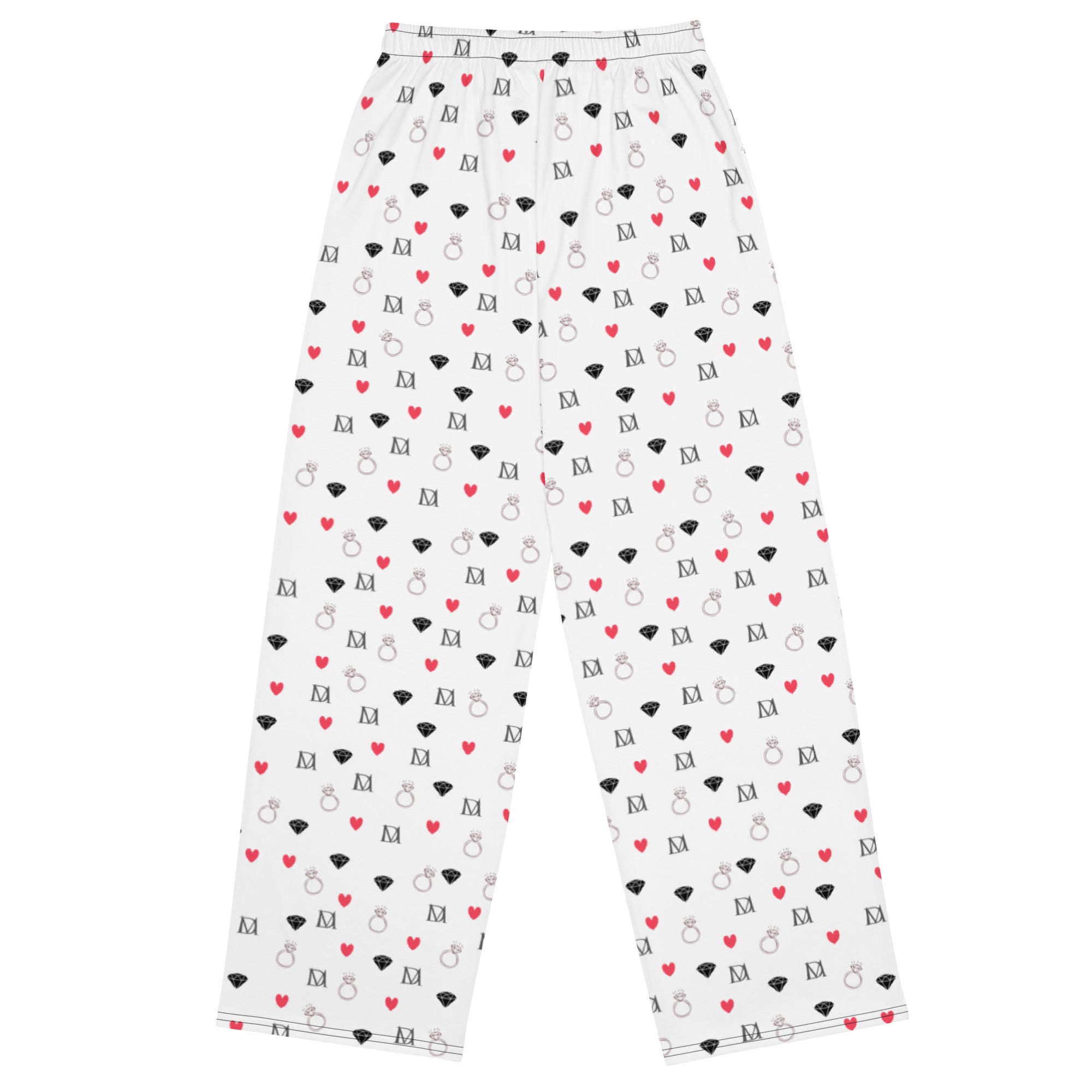 Unisex wide-leg pants with speckled diamond pattern in white, from Daemon Luxury's Artica Blizzard Pantaloni Sala collection.