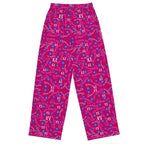 Unisex wide-leg pants with all-over magenta Picasso mirror print by Daemon Luxury, shown from the back.