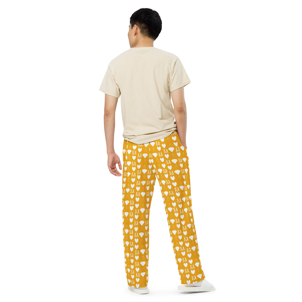Daemon Luxury Tarmin Honeybees unisex wide-leg Sala pants with all-over honeybee print on white fabric.