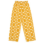 Unisex white wide-leg Sala pants with all-over Tarmin Honeybees print by Daemon Luxury, shown from the back view.