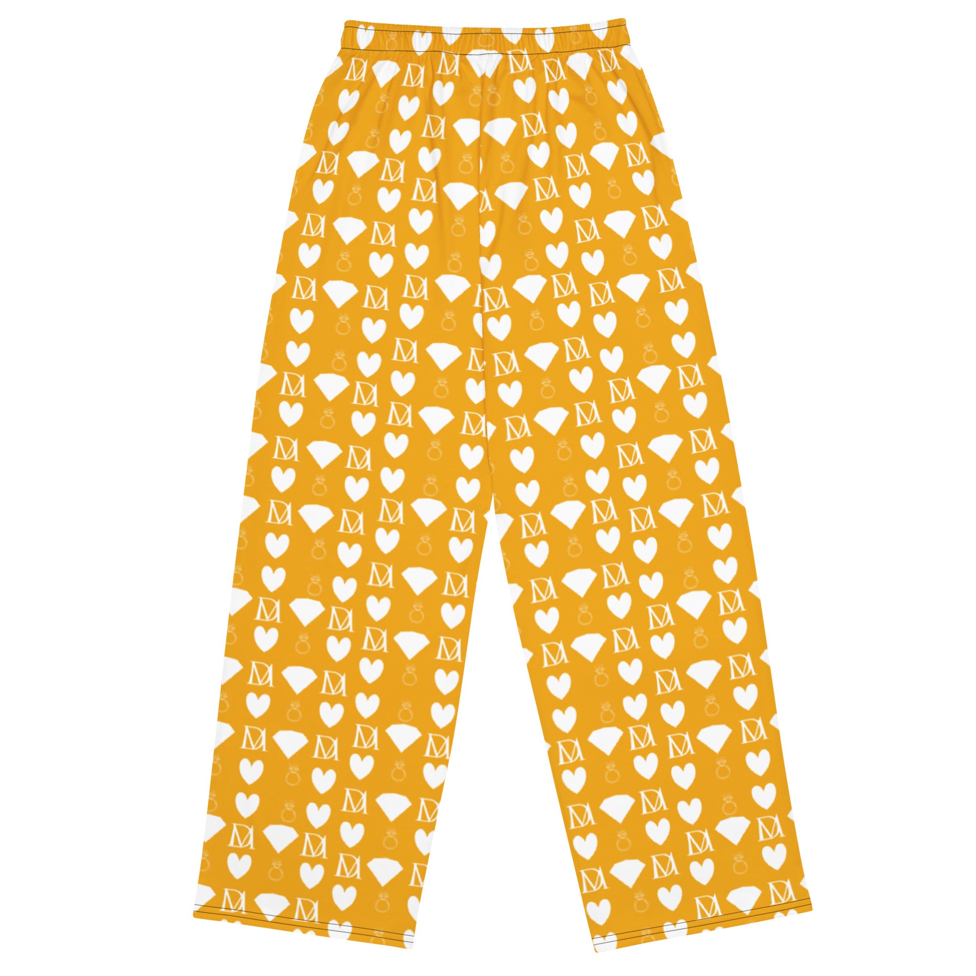 Unisex white wide-leg Sala pants with all-over Tarmin Honeybees print by Daemon Luxury, shown from the back view.