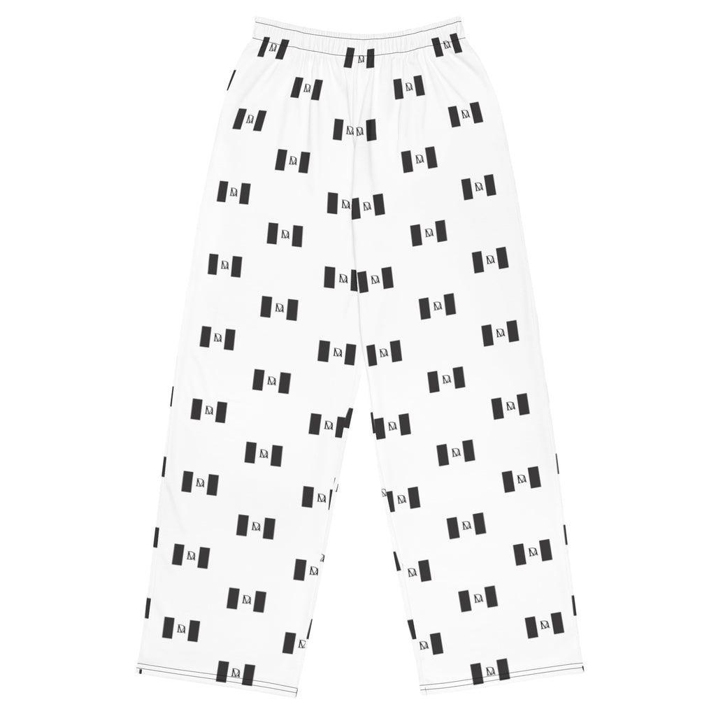 Daemon EMBLEM Relay Lounge unisex wide-leg pants with all-over white print and comfortable relaxed fit.