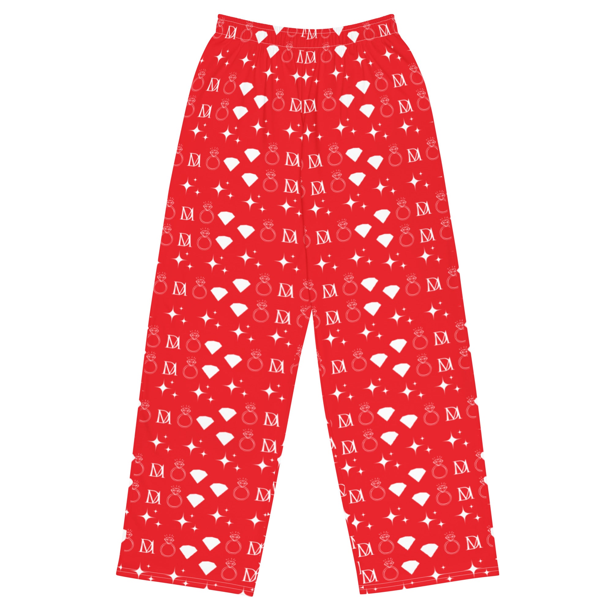 Unisex wide-leg pants with all-over frosted diamonds Stardust print by Daemon, featuring a white background and stylish relaxed fit.