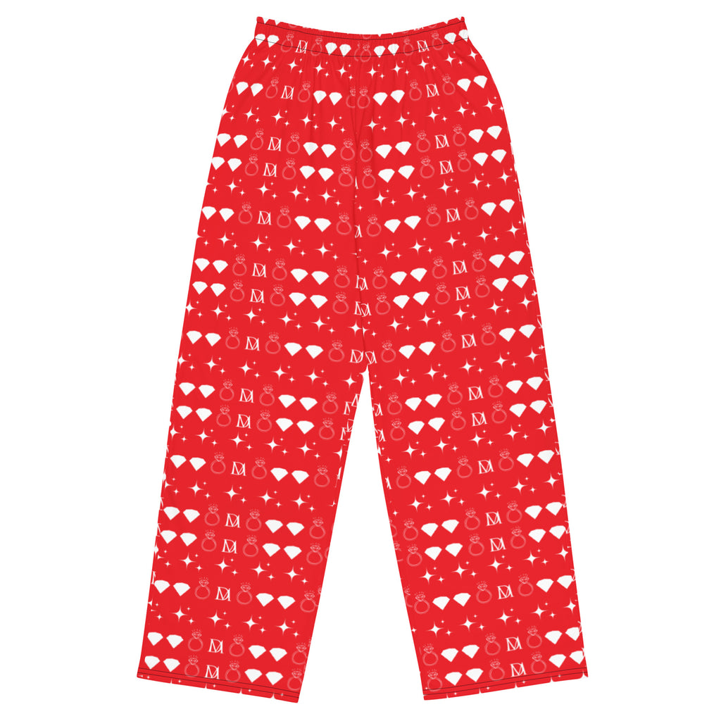 Unisex wide-leg pants with all-over white frosted diamond print by Daemon, featuring a relaxed lounge style.