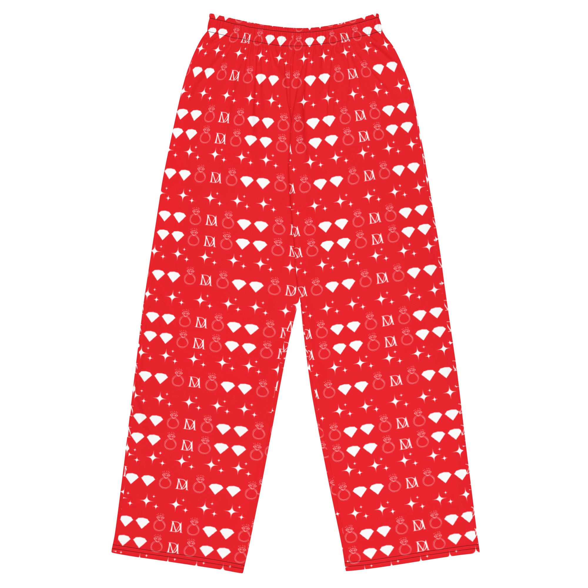 Unisex wide-leg pants with all-over white frosted diamond print by Daemon, featuring a relaxed lounge style.