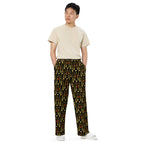 Unisex wide-leg pants with Sun Glow California all-over print by Daemon Luxury, white front view showing relaxed fit and bold design.