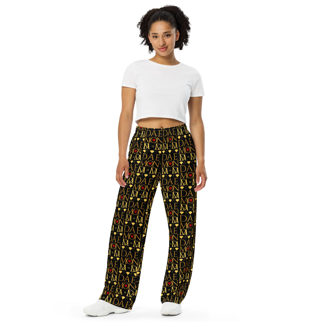 Unisex white wide-leg lounge pants with Sun Glow California all-over print by Daemon Luxury, front view.