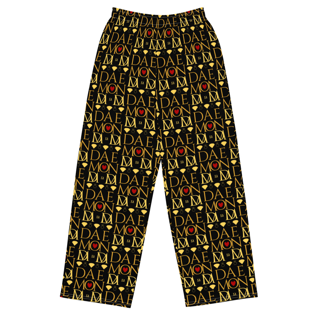 Daemon Luxury Sun Glow California unisex wide-leg pants with all-over white print, stylish and comfortable lounge wear.