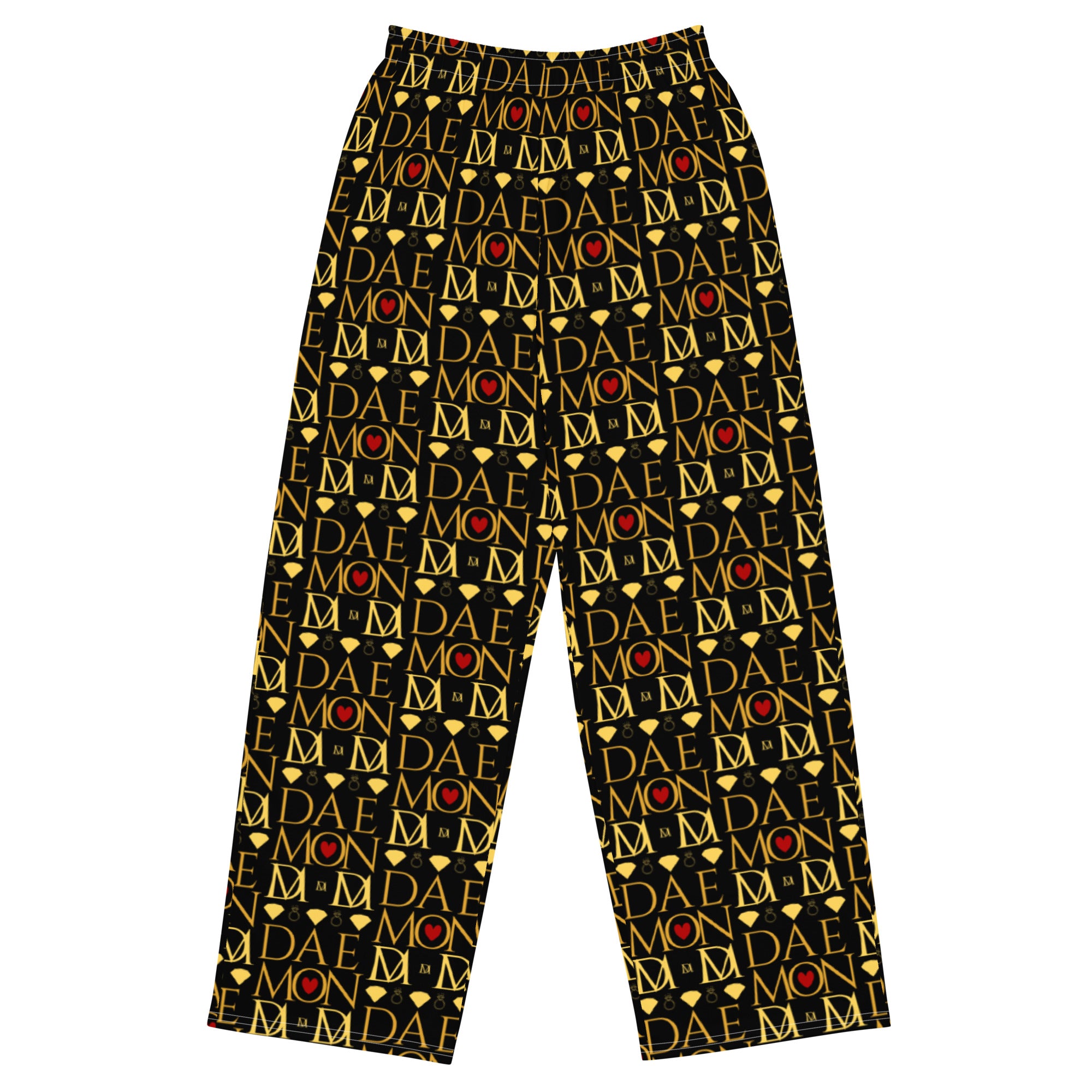 Daemon Luxury Sun Glow California unisex wide-leg pants with all-over white print, stylish and comfortable lounge wear.