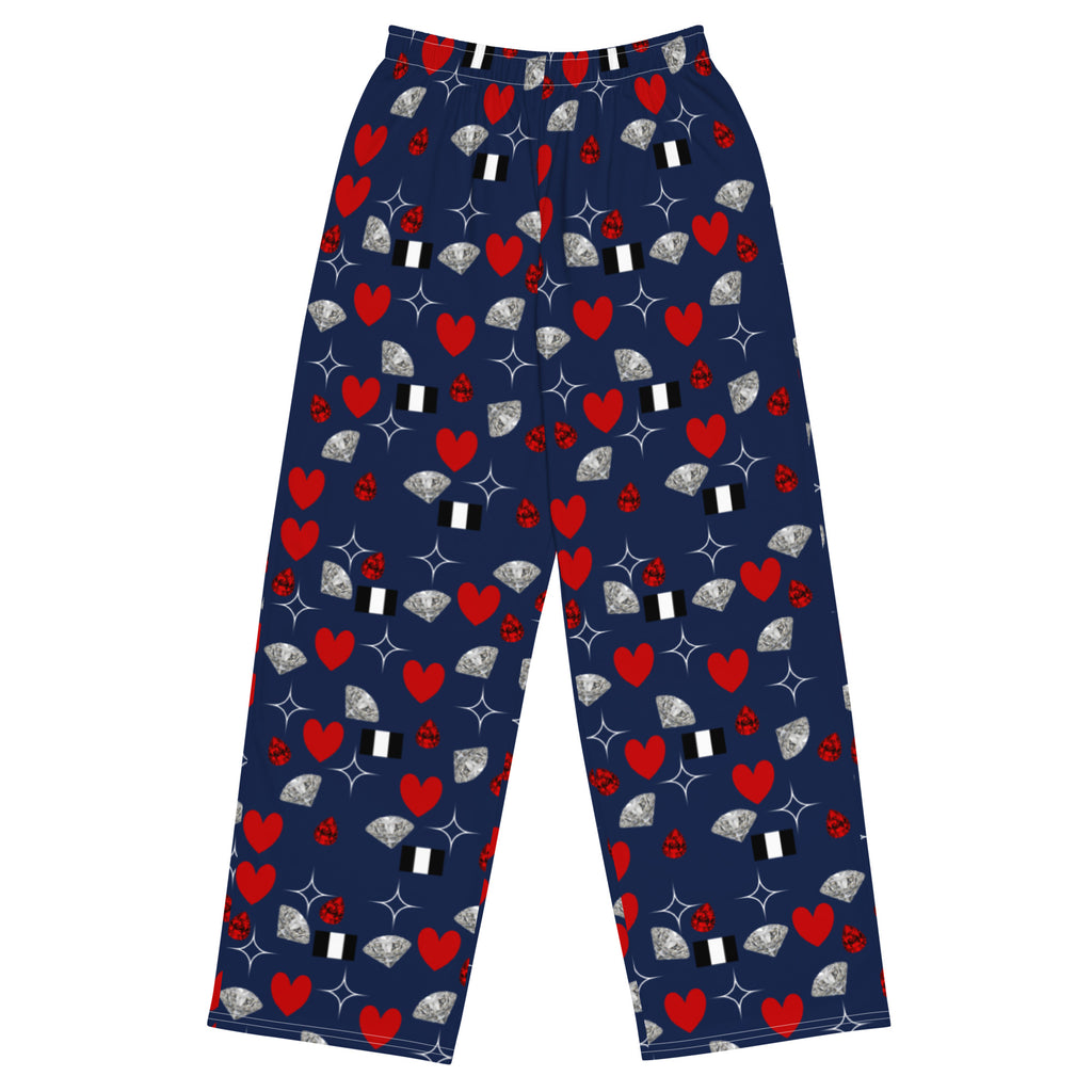 Unisex white wide-leg pants with all-over print from Daemon Luxury's Foreigners Luv upscale Pantaloni Sala collection.