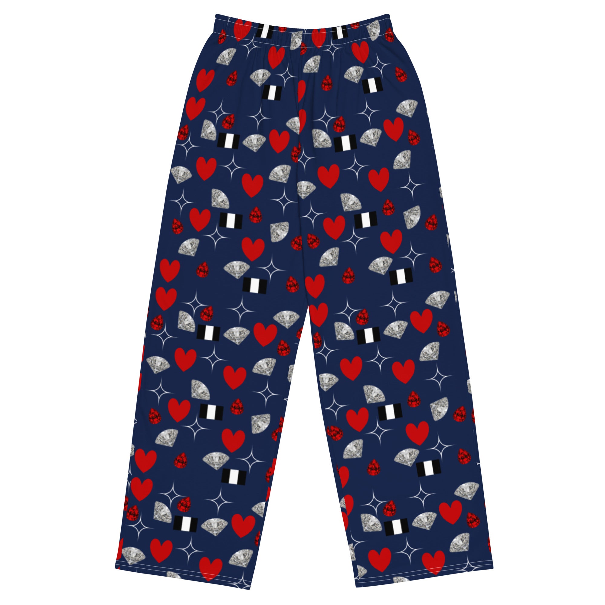 Unisex white wide-leg pants with all-over print from Daemon Luxury's Foreigners Luv upscale Pantaloni Sala collection.