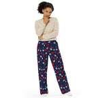 Unisex white wide-leg pants from Daemon Luxury's Foreigners Luv Upscale collection, featuring all-over print design.