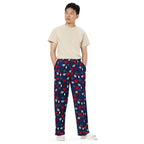 Unisex white wide-leg pants from Daemon Luxury's Foreigners Luv Upscale collection, featuring all-over print design.