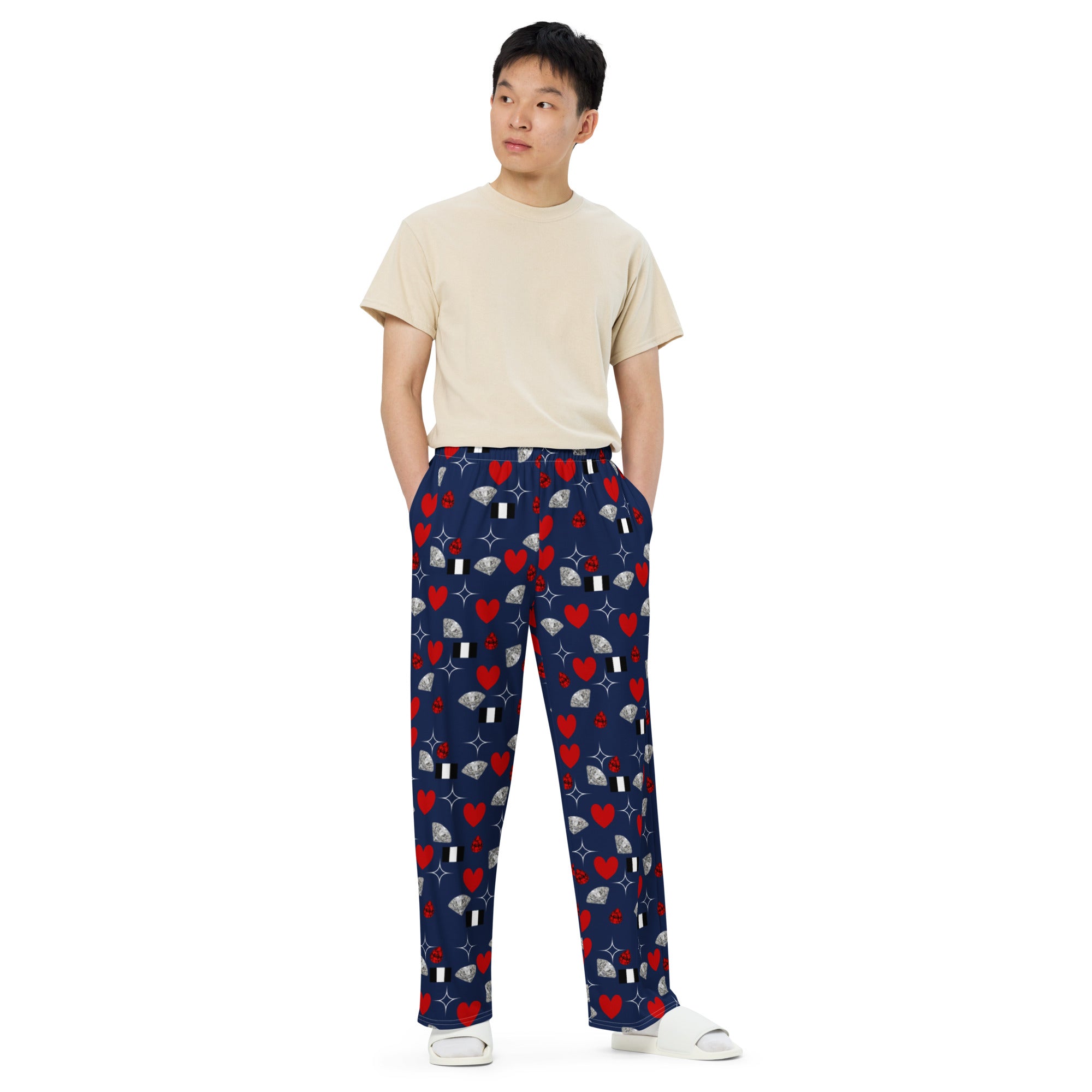 Unisex white wide-leg pants from Daemon Luxury's Foreigners Luv Upscale collection, featuring all-over print design.
