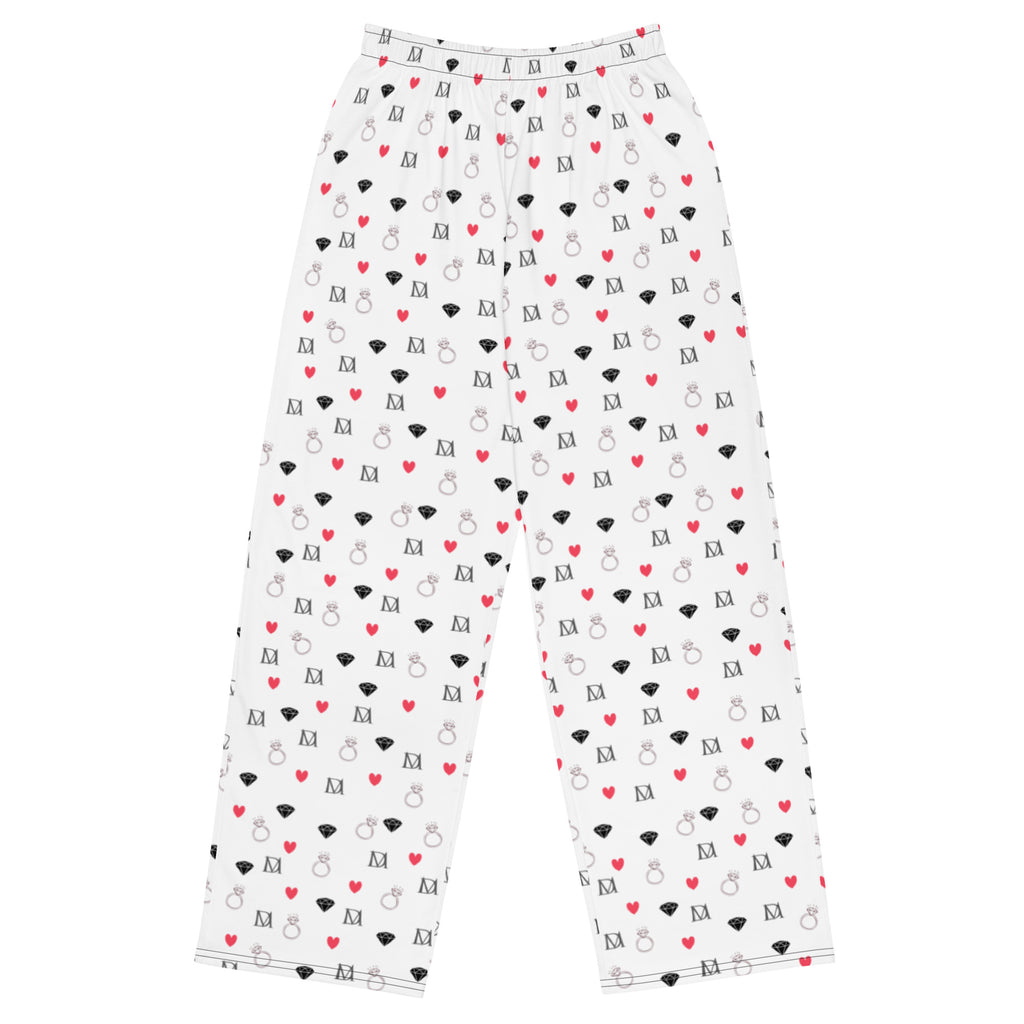 Unisex wide-leg pants with speckled diamond print in white, designed by Daemon Luxury for the Speckled Diamonds Artica Blizzard collection.