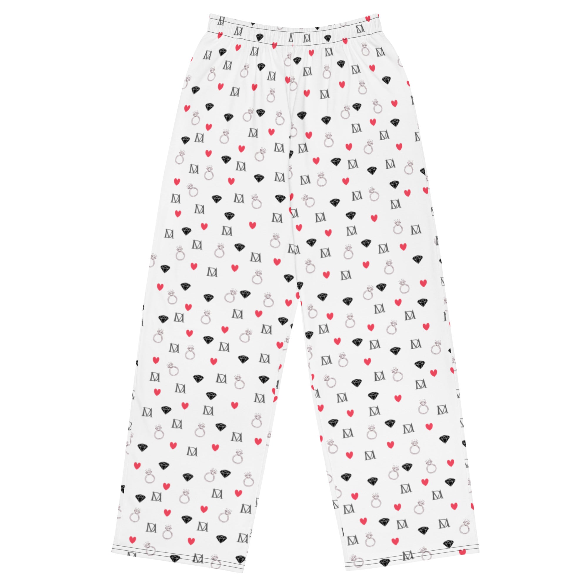 Unisex wide-leg pants with speckled diamond print in white, designed by Daemon Luxury for the Speckled Diamonds Artica Blizzard collection.